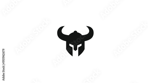 A symmetrical black silhouette of a helmet with horns on a white background