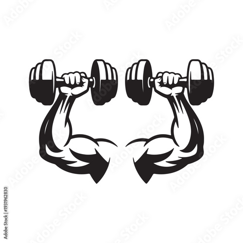 Muscular Arms Lifting Dumbbells Silhouette – Black and White Fitness Vector