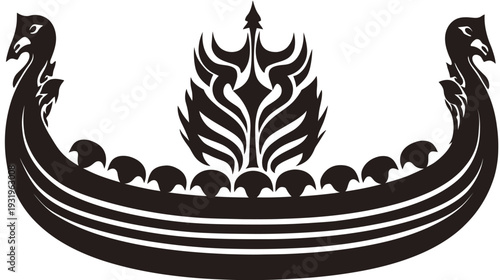 A monochrome illustration of a longship with dragon heads and abstract central element