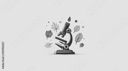 Black and white illustration of a microscope with falling leaves and a drop of liquid