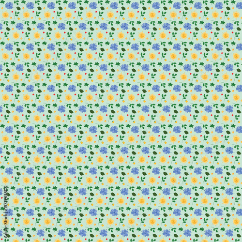Seamless floral pattern with small blue and yellow flowers on green