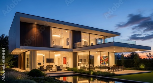 Contemporary home exterior illuminated at dusk boasts unique architecture