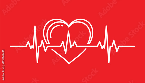 A clean, minimalist vector illustration featuring a white heart outline integrated with a heartbeat EKG pulse line. Set against a vibrant red background.