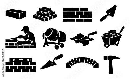 Bricklayer and Masonry Silhouettes Set – Construction Brickwork Tools and Mason Icons Black