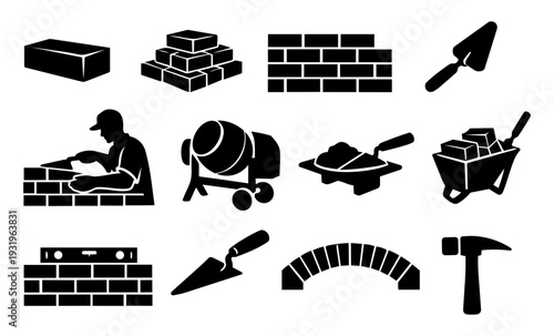 Bricklayer and Masonry Silhouettes Set – Construction Brickwork Tools and Mason Icons Black