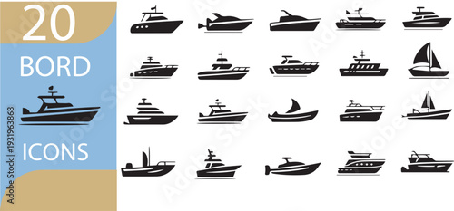 Set of simple vector sailing ship icons with small wooden boats on the sea in white silhouette style