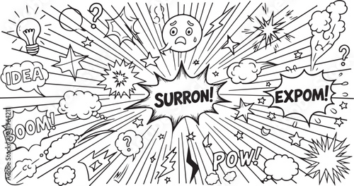 A high-energy comic style background featuring white line art bursts on a black canvas. Includes "BOOM!" & "POW!" speech bubbles, stars, lightning bolts and lightbulb "idea" icons in a dynamic layout.