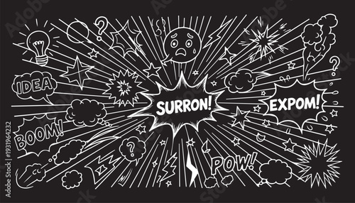 A comic style background on a black canvas. Features white line art bursts, "BOOM!" and "POW!" speech bubbles, stars, lightning bolts, and lightbulb "idea" icons in a dynamic, scattered layout.