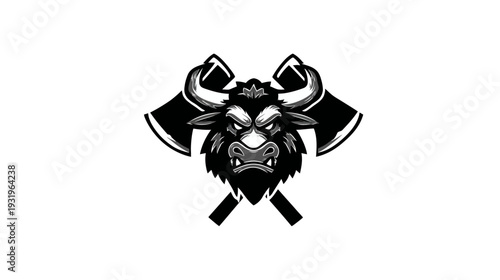 A monochrome illustration features a stylized bull's head with axes crossed behind it