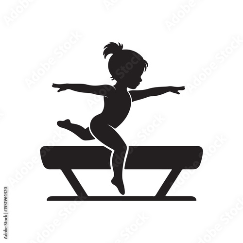 Little Girl Gymnast on Balance Beam Silhouette – Minimal Black Vector Illustration
