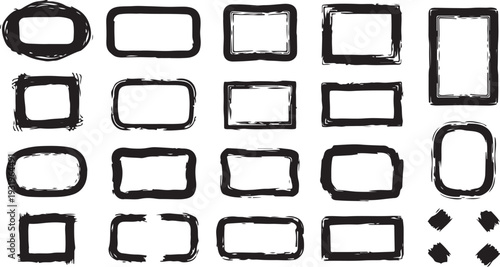 A diverse set of hand-drawn black rectangular and rounded frames with a rough, ink-textured finish. Ideal for vintage-style designs, creative labels, and distressed border accents.