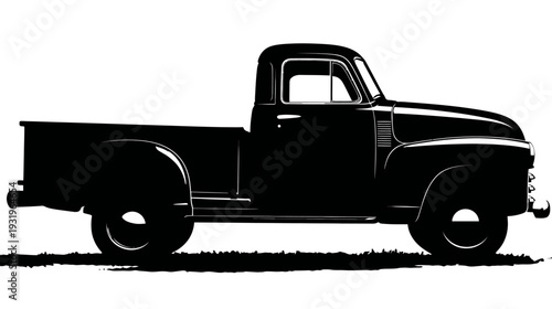 Black and white silhouette of a classic vintage pickup truck, parked in a field