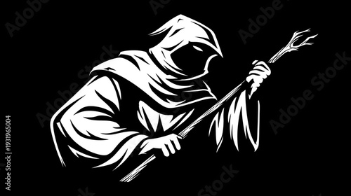 Silhouette of a robed figure in white against a black background, holding a staff