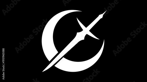 A white sword pierces a crescent moon on a black background. Minimalist and contrasting design