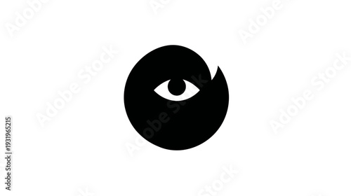 A stylized eye graphic within a rounded, dark shape with a jagged cut-out on the upper right side