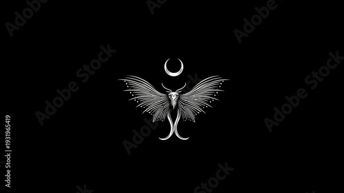 A stark, minimalist illustration of a moth-like creature with stylized wings and a crescent moon above it