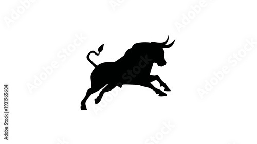 A black silhouette of a powerful bull in mid-leap, horns extended, tail curled