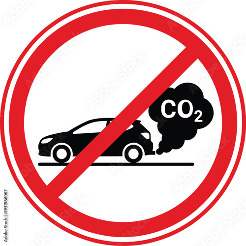 Prohibition Sign for Car Carbon Dioxide Emissions Featuring a Vehicle with Exhaust Smoke and CO2 Text in a Red Circle for Environmental Protection and Policy