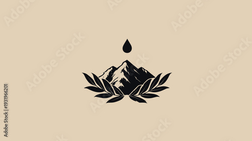 A mountain silhouette with a water drop above laurel leaves, on a beige background