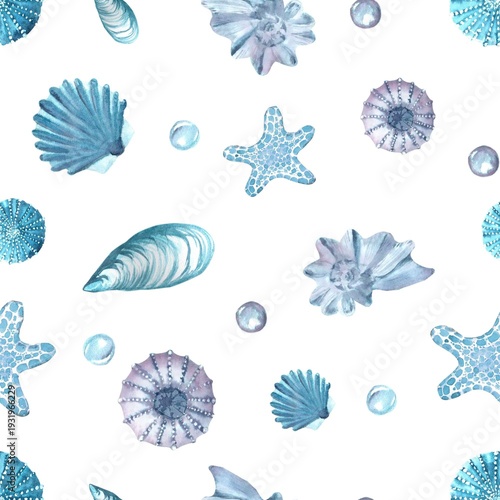 A seamless pattern with blue, pearlescent, and gray sea-stars, seashells, and bubbles. Hand-drawn in watercolor on an isolated background. Simple seabed biology clip art for designing various objects