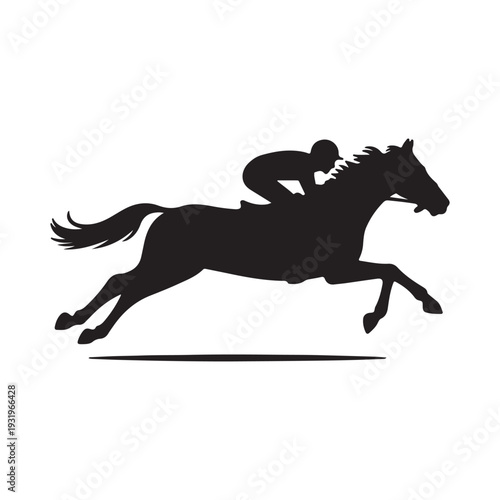 Minimalist Black Silhouette of Jockey Riding Galloping Racehorse Vector Illustration
