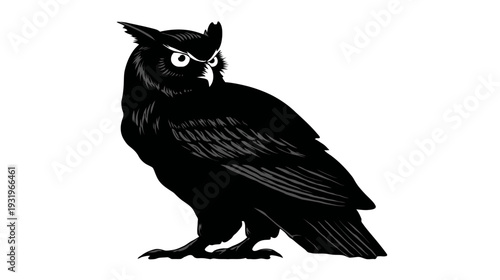 A black and white illustration of an owl, rendered in a simplified graphic style, with meticulous detail
