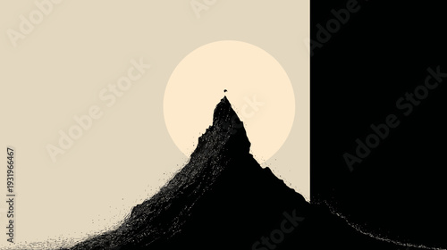A stylized art piece depicting a mountain silhouette against a warm background with a circular sun