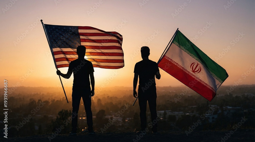 Fototapeta premium Two silhouetted figures on a hill at sunset holding US and Iran flags, Earth between them, symbolic global relations and diplomacy aesthetic.
