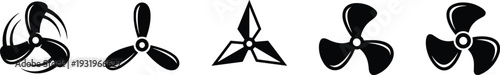 Propeller vector icons set featuring various fan blades and turbine silhouettes for marine aviation industrial engineering cooling systems and boat engine mechanical graphic designs.