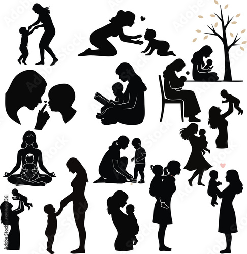 Mother and Baby Vector Illustration Bundle - Minimalist Mother's Day Line Art and Silhouettes of Mom Holding, Kissing, Nursing, and Embracing Infant with Pastel Accents