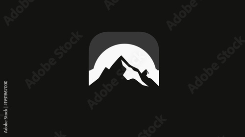 A grayscale icon depicts mountains within an arched shape, against a black background