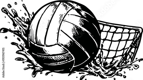 A monochrome illustration of a volleyball positioned with a net and water splash