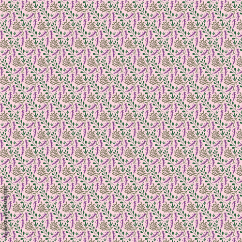 Delicate repeating floral pattern with purple lavender and green leaves on a soft pink background