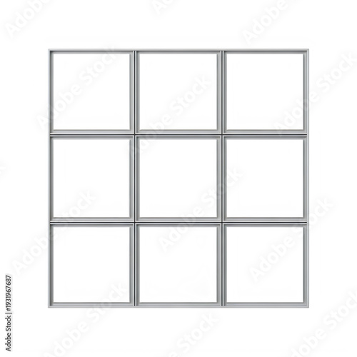 Nine Blank Square Frames, Grid Layout, Modern Silver Metal Border, Clean White Background, Graphic Resource for Design