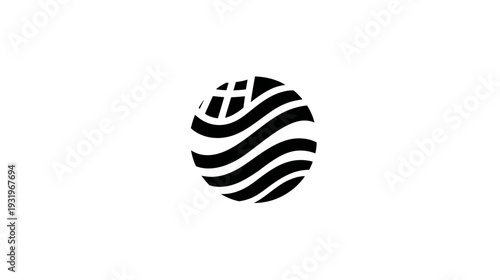 A minimalist logo featuring an oval shape with wavy lines and segmented lines on a white background