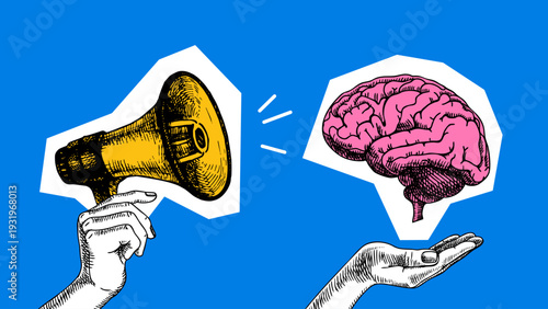 Trendy art collage of sketch hands with megaphone and brain. Communication, marketing, job search, employment agency concept. Retro hand drawn vector illustration.