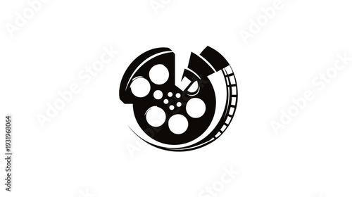 A black and white film reel icon. It has a modern design and a sleek, minimalist appearance