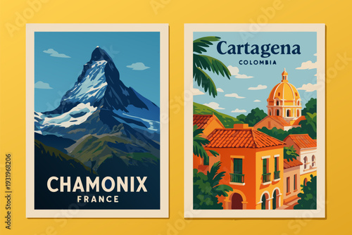 Bild auf Leinwand A vibrant vector graphic illustration of travel posters for Chamonix and Cartage
