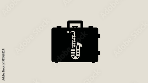 Black briefcase with a saxophone outline on the front against a neutral background