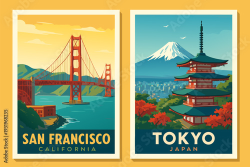 A vibrant vector graphic illustration of San Francisco and Tokyo landmarks
