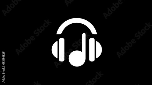 A white graphic icon combines headphones with a musical note on a black background