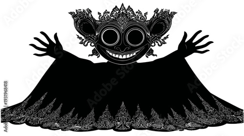 A black silhouette of a figure with a crown, huge ears, open arms, and intricate details