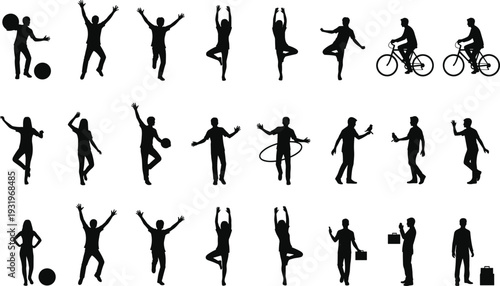 Silhouettes of people performing yoga, dancing, cycling, walking, hula hooping, and interacting symbolizing movement, lifestyle, recreation, and social connection illustration