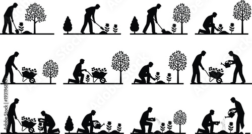 Silhouettes of people gardening with tools, digging, planting, watering, and using wheelbarrow symbolizing outdoor activity, cultivation, growth, and nature illustration