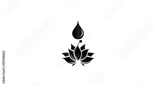 A simple, black floral logo features a water droplet above the open petals of a lotus flower