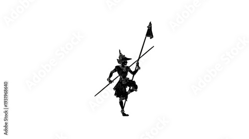 Silhouetted figure in a hat with a staff bearing a small flag, detailed depiction