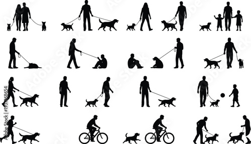 Silhouettes of people walking, running, biking, sitting, and playing with dogs symbolizing companionship, exercise, outdoor activity, and pet interaction illustration