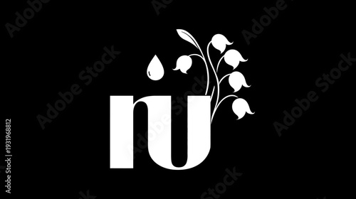 Black background with white "nu" lettermark, water droplet, and stylized lily of the valley flowers