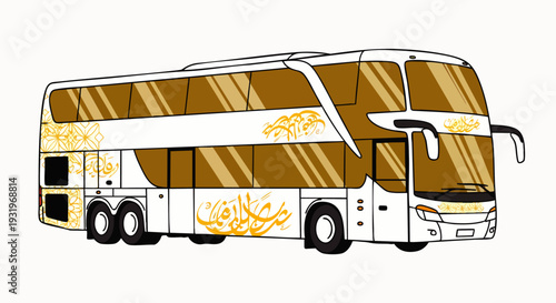 Elegant white and gold double-decker coach bus vector illustration for modern travel, tourism, and long-distance transport, featuring ornate Arabic patterns.