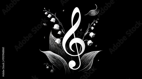 A striking monochrome graphic features a treble clef among lilies of the valley and stylized leaves